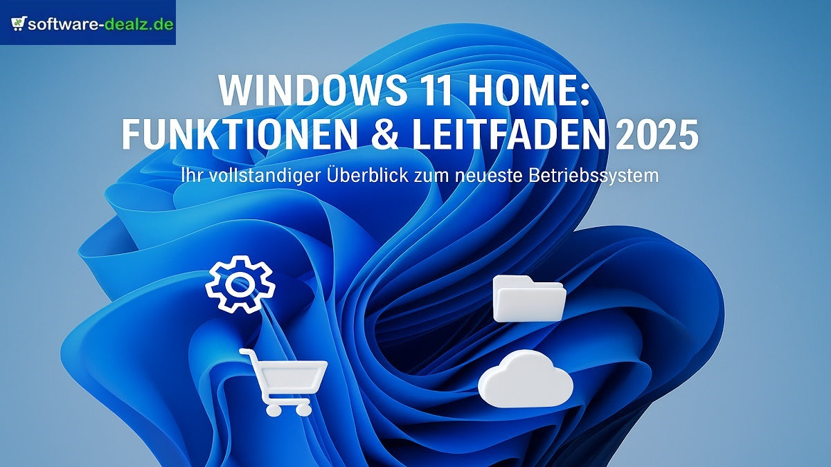 Windows 11 Home Funktionen & Leitfaden 2025 – Vollständiger Überblick über das neueste Betriebssystem mit modernen Symbolen und blauem Hintergrund.